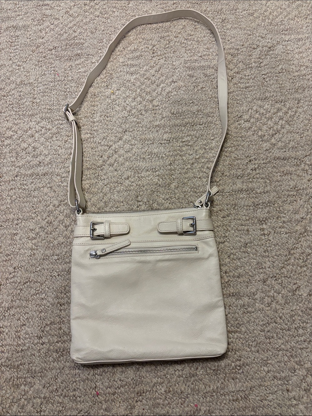 Danier Cream Crossbody Shoulder Bag with Front Zip Pocket & 2 buckles